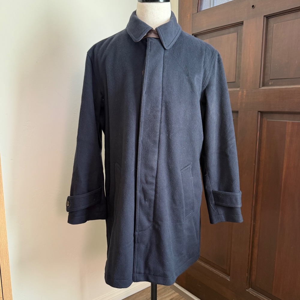 Maus & Hoffman Overcoat Loro Piana Wool Leather Collar Jacket | Navy | Size L